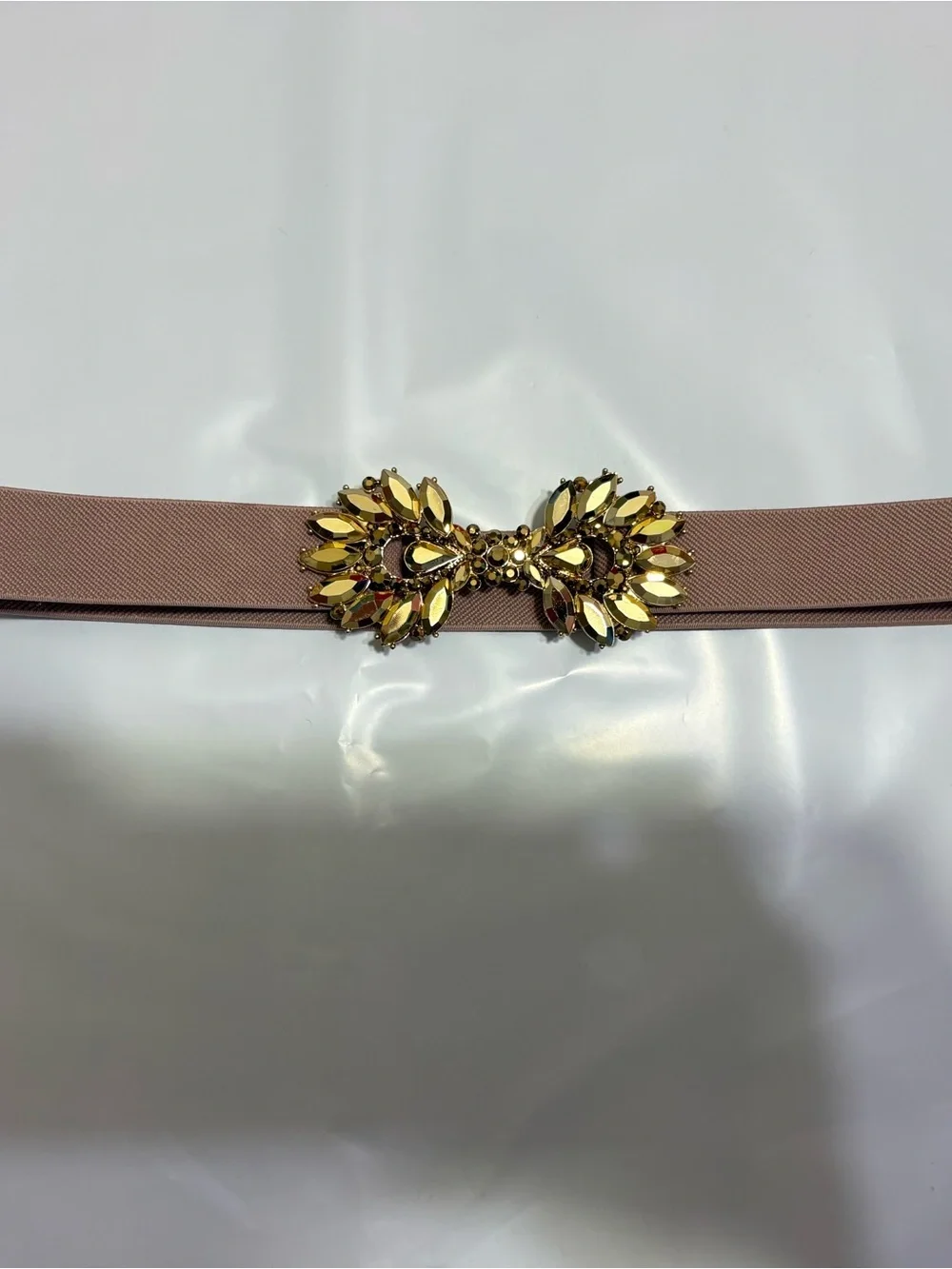 BCBGMAXAZRIA Nude Blush Stretch Belt Gold Jeweled Embellished Front Closure S